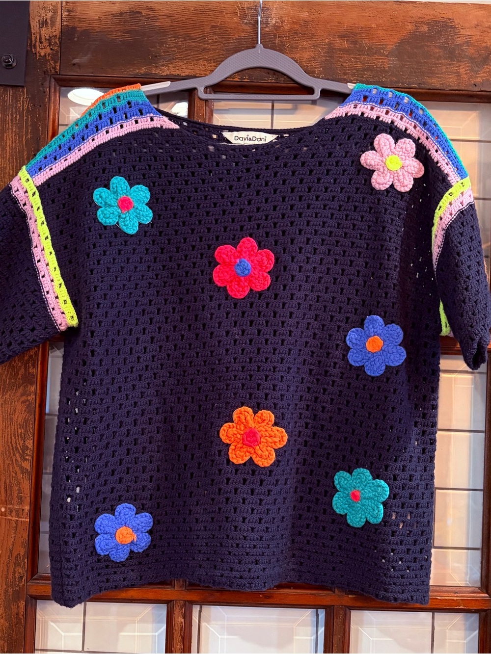 DAVI & DANI Navy Crochet Top with Multicolor Flower Appliqués
